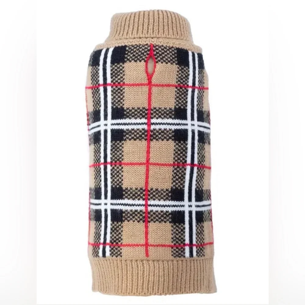 Dog Beige Plaid Knit Sweater